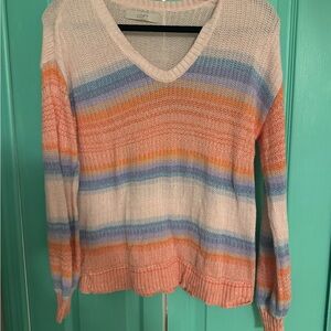 LOFT Women's V-Neck Sweater with Pink, Orange, Blue, and Cream Stripes